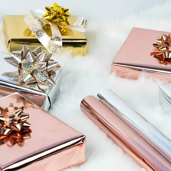 MAYPLUSS Metallic Foil Wrapping Paper Per Roll Mini Roll 17in * 120in Per Roll,Shiny Gold/,Metallic Silver and Rose Gold Gift Wrapping for Party,Weddings, Christmas, Hanukkah, Bridal Showers, Birthday (42.3 sqft.ttl)