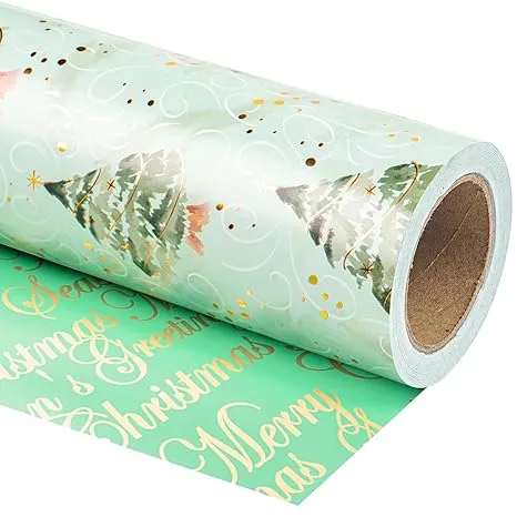 WRAPAHOLIC Reversible Christmas Wrapping Paper - Mini Roll - 17 Inch X 33 Feet - Watercolor Green Christmas Tree and Merry Christmas with Metallic Foil Shine for Holiday, Party, Celebration