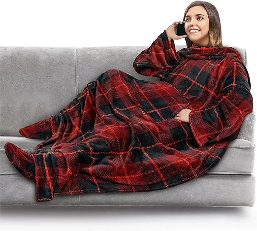 PAVILIA Fleece Blanket with Sleeves, Foot Pockets for Women Men Adults, Plush Wearable Blanket Throw Wrap, Warm Snuggle Blanket Robe, Cozy Gift Ideas Wife Mom, Plaid Dark Gray