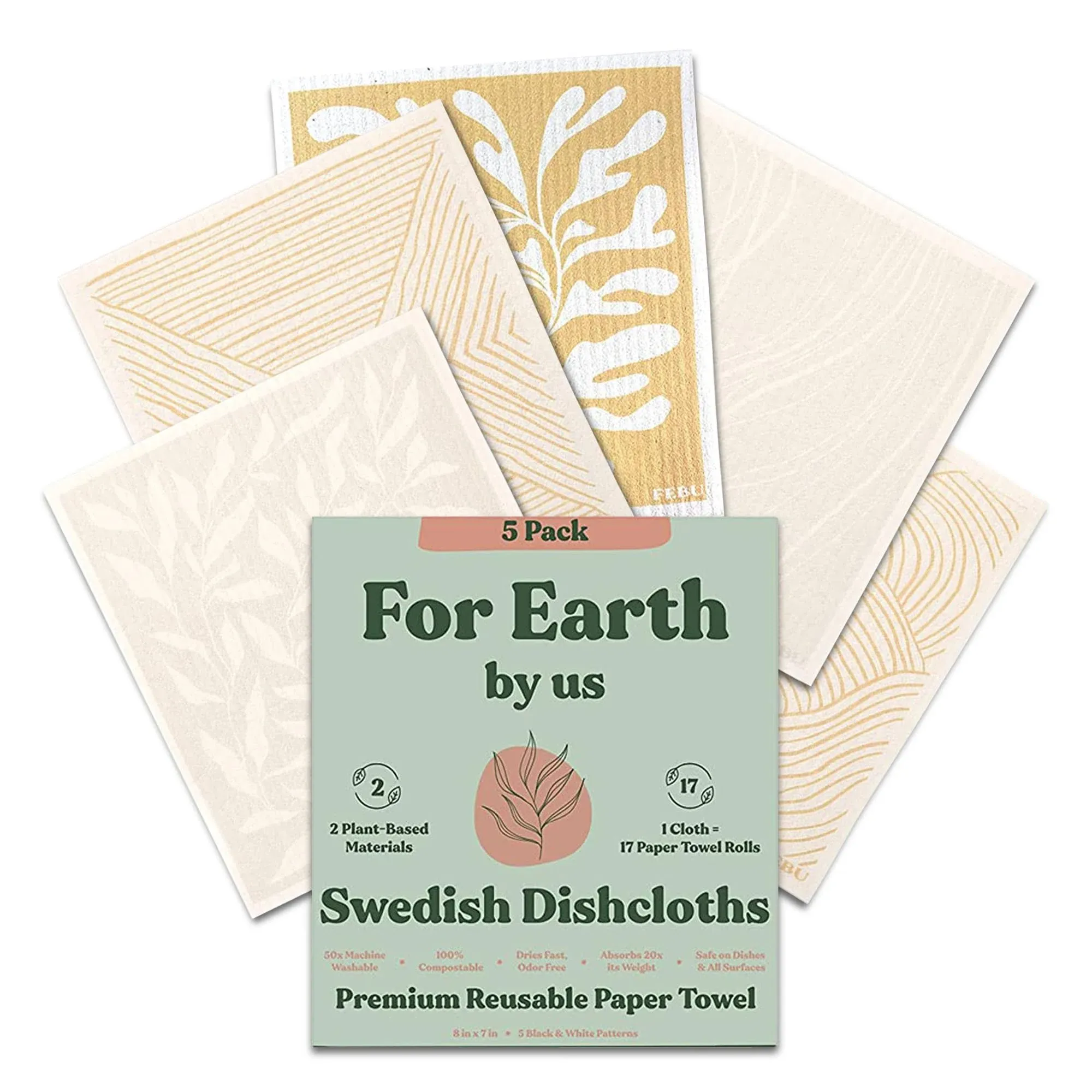 FEBU Swedish Dishcloths for Kitchen, 5 Pack, Neutral, Cotton, Reusable ...