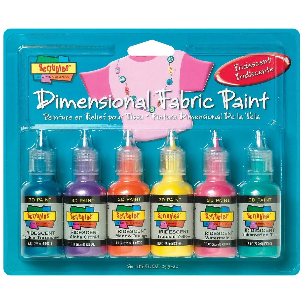 SCRIBBLES 18536 Dimensional Fabric Paint, Iridescent, 6-Pack, 1 oz