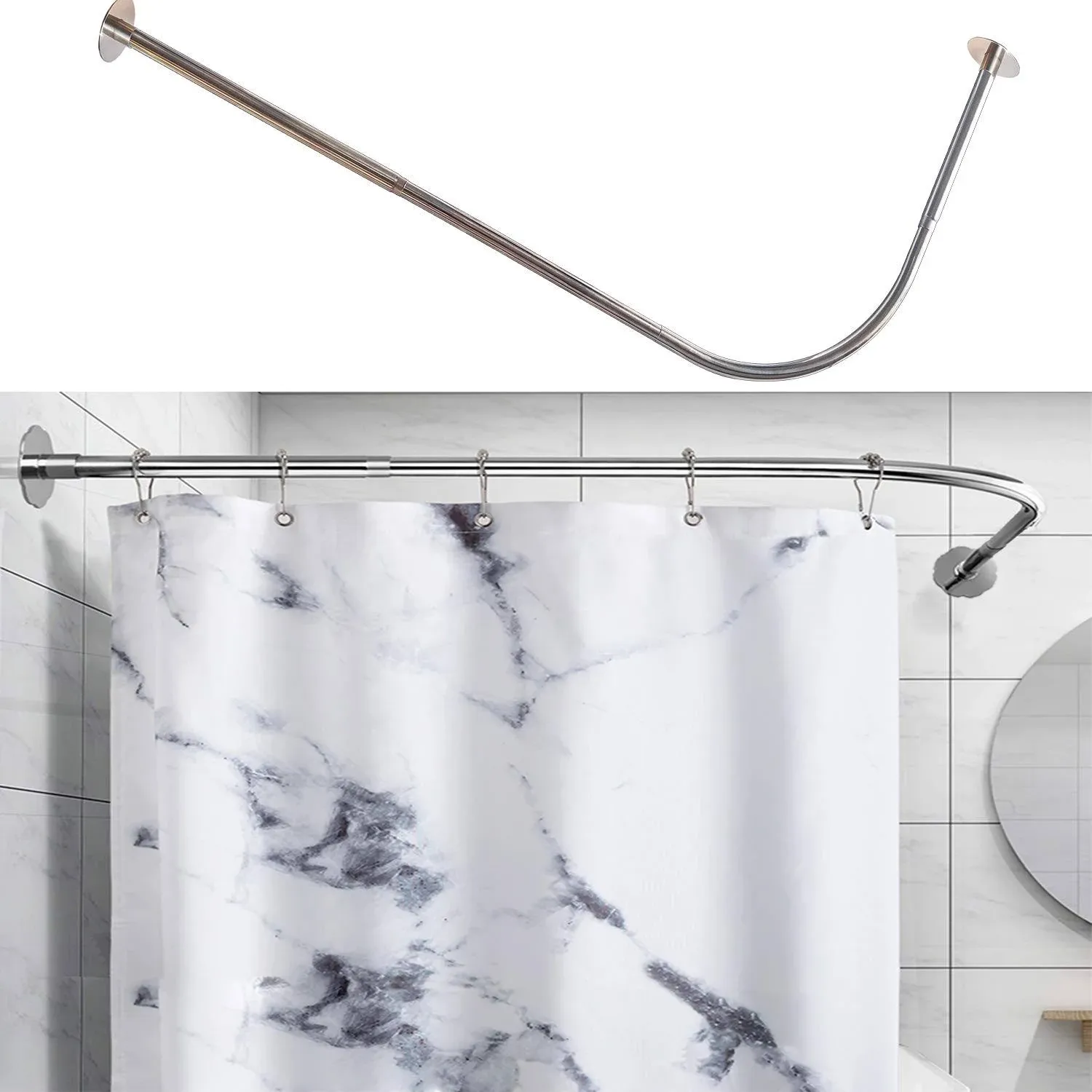 Tanxih Corner Shower Curtain Rod Adjustable Stainless Steel L Shaped Rack Drill Free Install for Bathroom, Bathtub, Clothing Store (27.55 inch-39.37