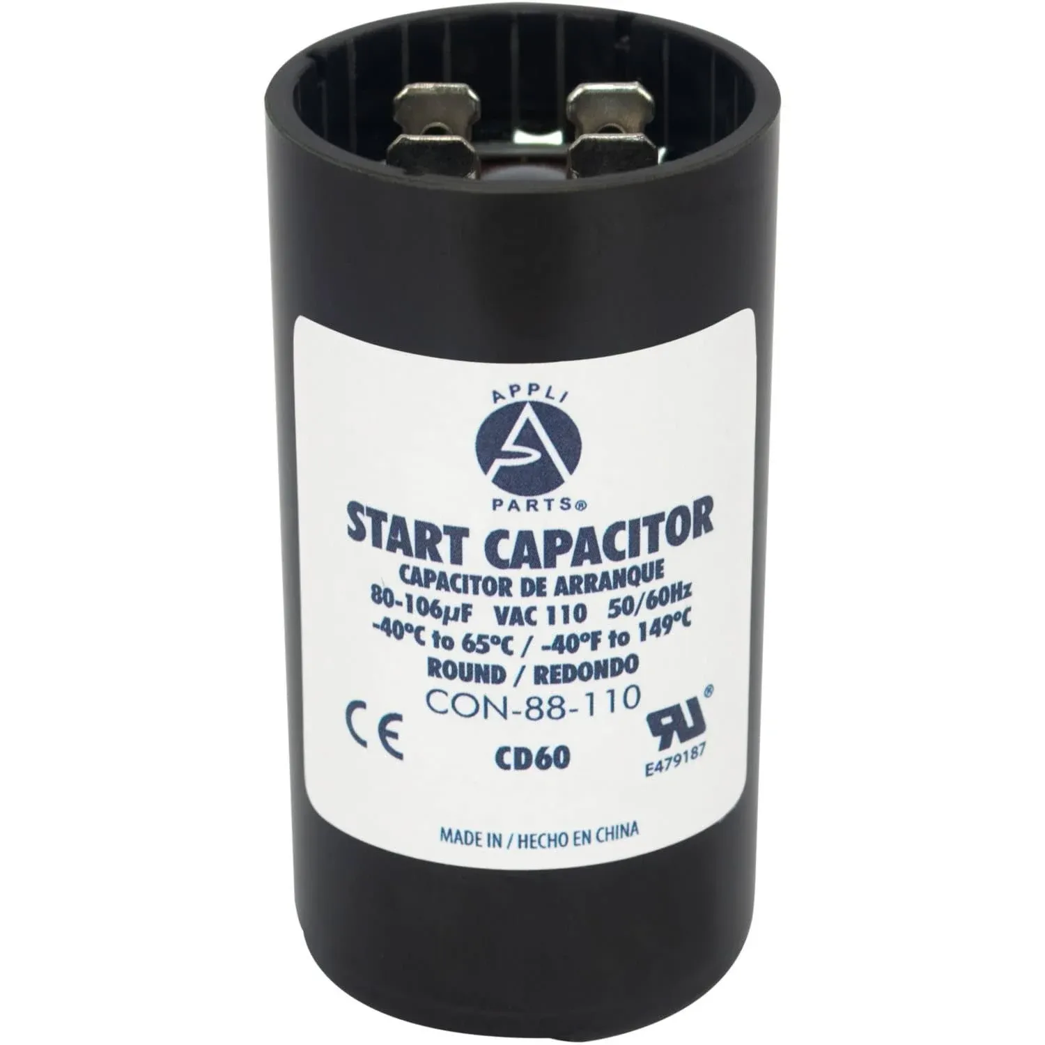 Appli Parts motor start capacitor 80-106 Mfd (microfarads) uF 110-125 VAC univer