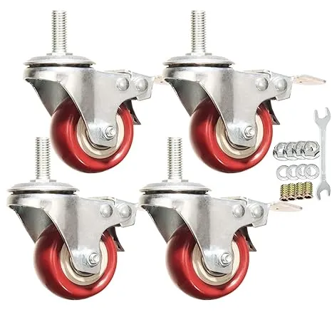 Swivel Stem Casters, Heavy Duty Double-Locking Castors with Red PU Wheels Quiet 