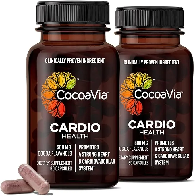 CocoaVia Cardio Health Supplement, 60 Day, 500mg Cocoa Flavanols, Support Heart Health, Boost Nitric Oxide, Blood Circulation, Energy, Vegan, Dark Chocolate, 120 Capsules