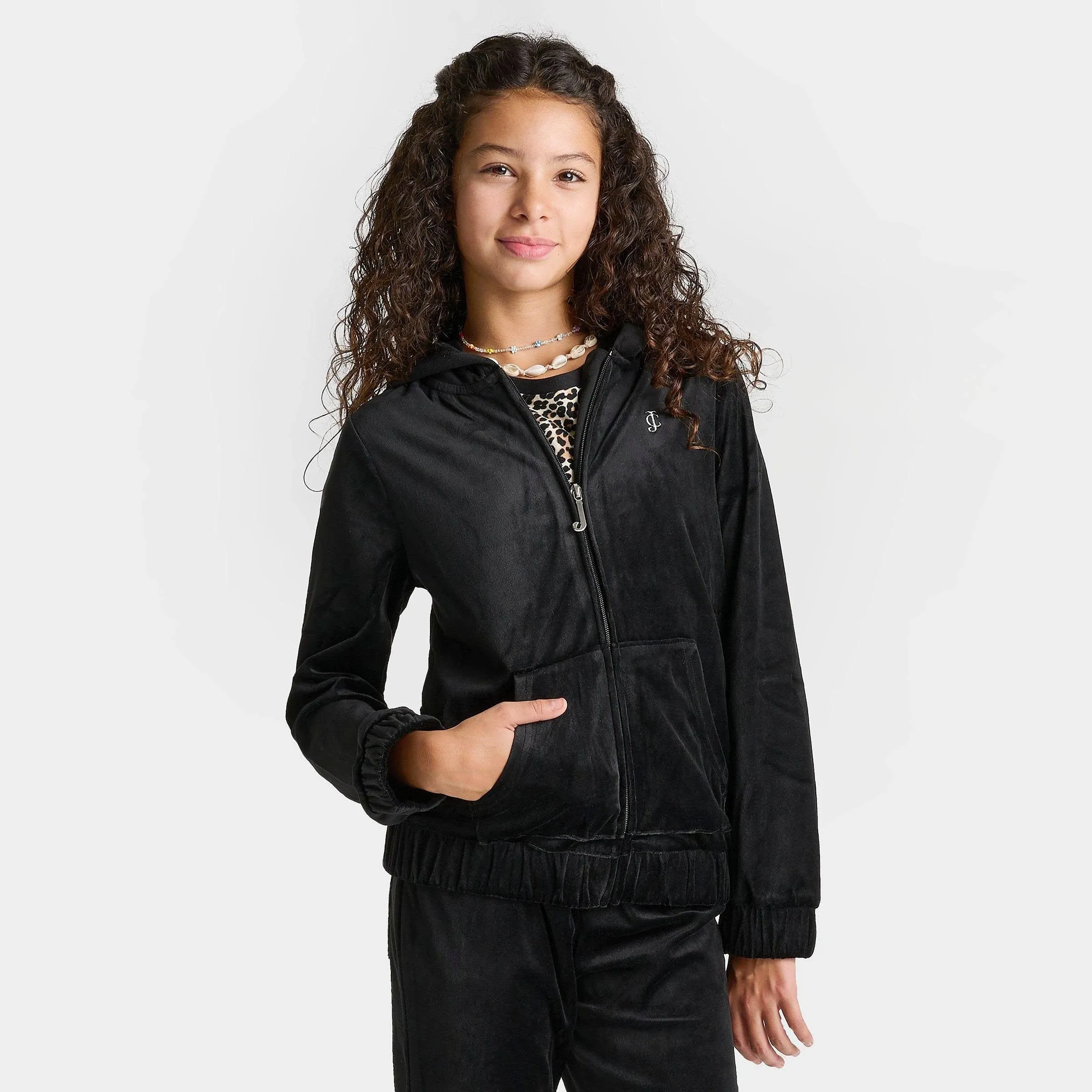 Juicy Couture Girls' Plush Velour Full-Zip Hoodie in Black/Deep Black Size Medium ...