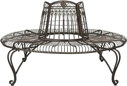 Safavieh PAT5019A Collection Abia Antique White Wrought Iron 50" Outdoor Tree Bench, Rustic Brown