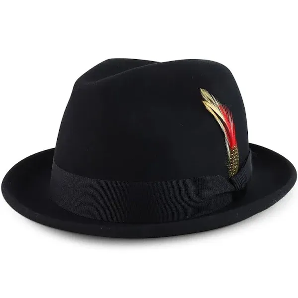 Classic 100% Wool Felt Fedora with Feather Fits Upto 2XL