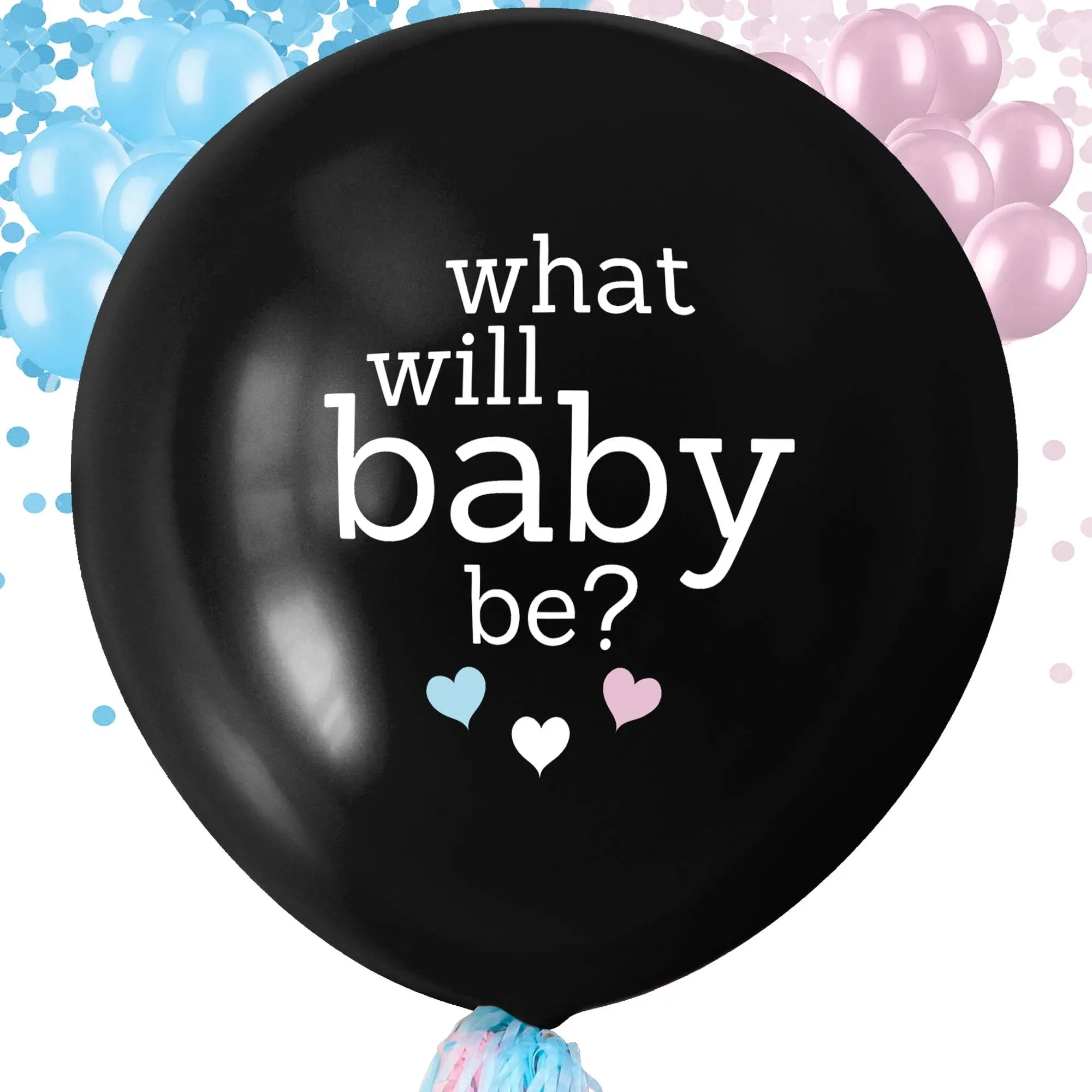 Baby Surprise Co. What Will Baby Be? Gender Reveal Balloon | 36 Inch Boy or Girl Balloon with Mini Balloons and Confetti | Wonderful Baby Shower Gender Reveal Ideas with Back Up Balloon | Black