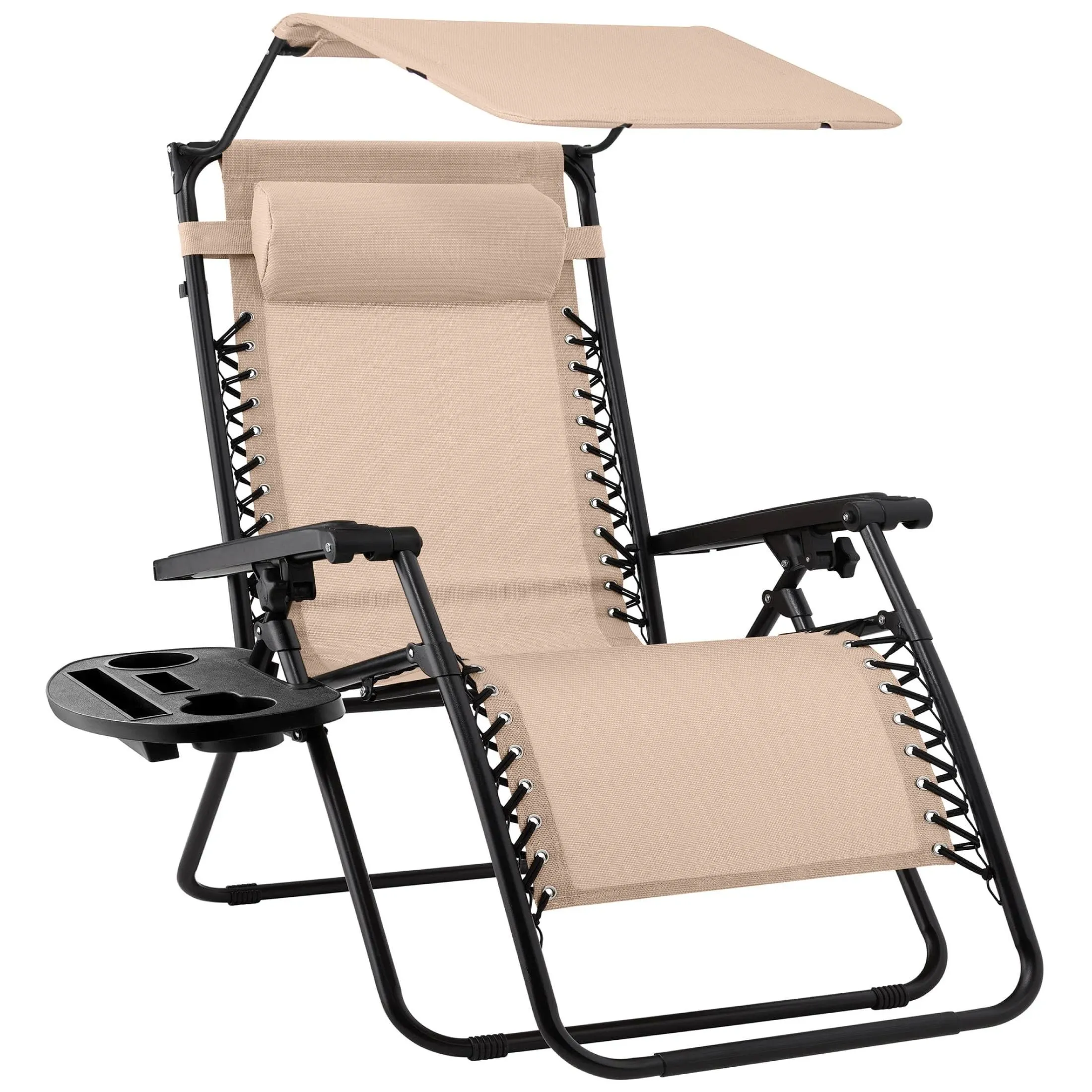 Best Choice Products Folding Zero Gravity Recliner Patio Lounge Chair w/ Canopy Shade, Headrest, Tray - Sand