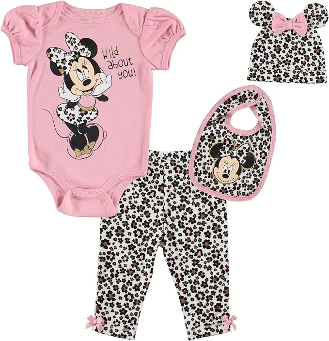 Disney Minnie Mouse Baby Girls Bodysuit Pants Bib and Hat 4 Piece Outfit Set ...