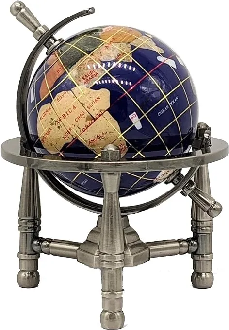 Unique Art 6-Inch Mini BLUE LAPIS Gemstone World Globe with silver Tripod office