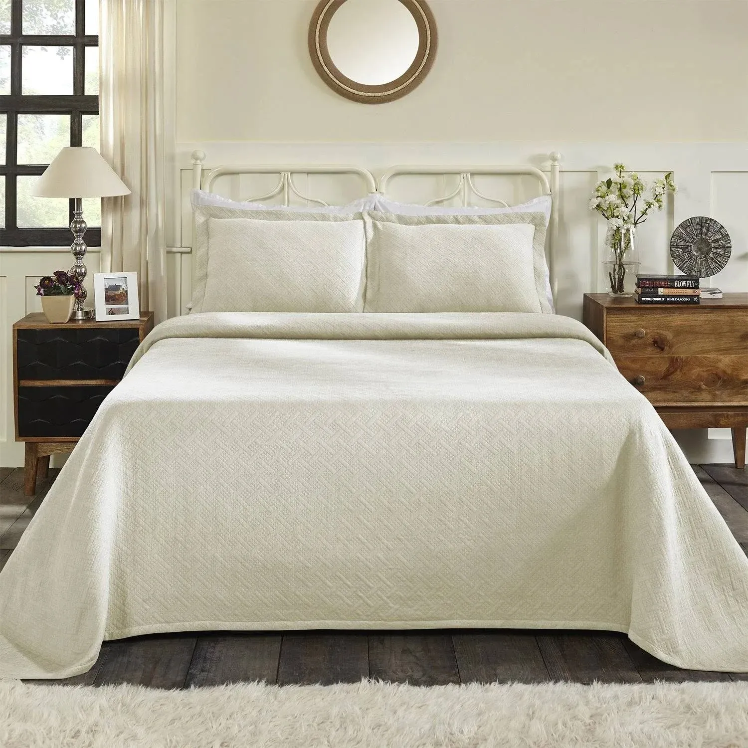 Superior Basket Weave Matelassé Cotton Bedspread Set Ivory / Full