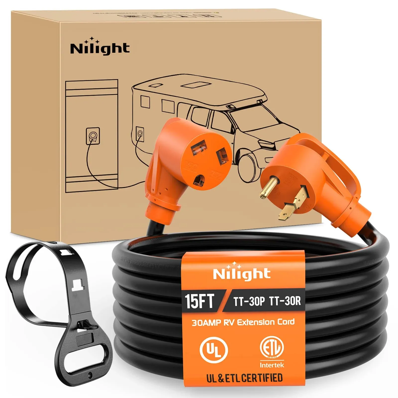 Nilight 30 Amp 15ft RV Extension Cord 125V Heavy Duty 10 Gauge Pure Copper STW Wire UL ETL Listed 3 Prong TT-30P TT-30R 30F/30M Weatherproof Cord