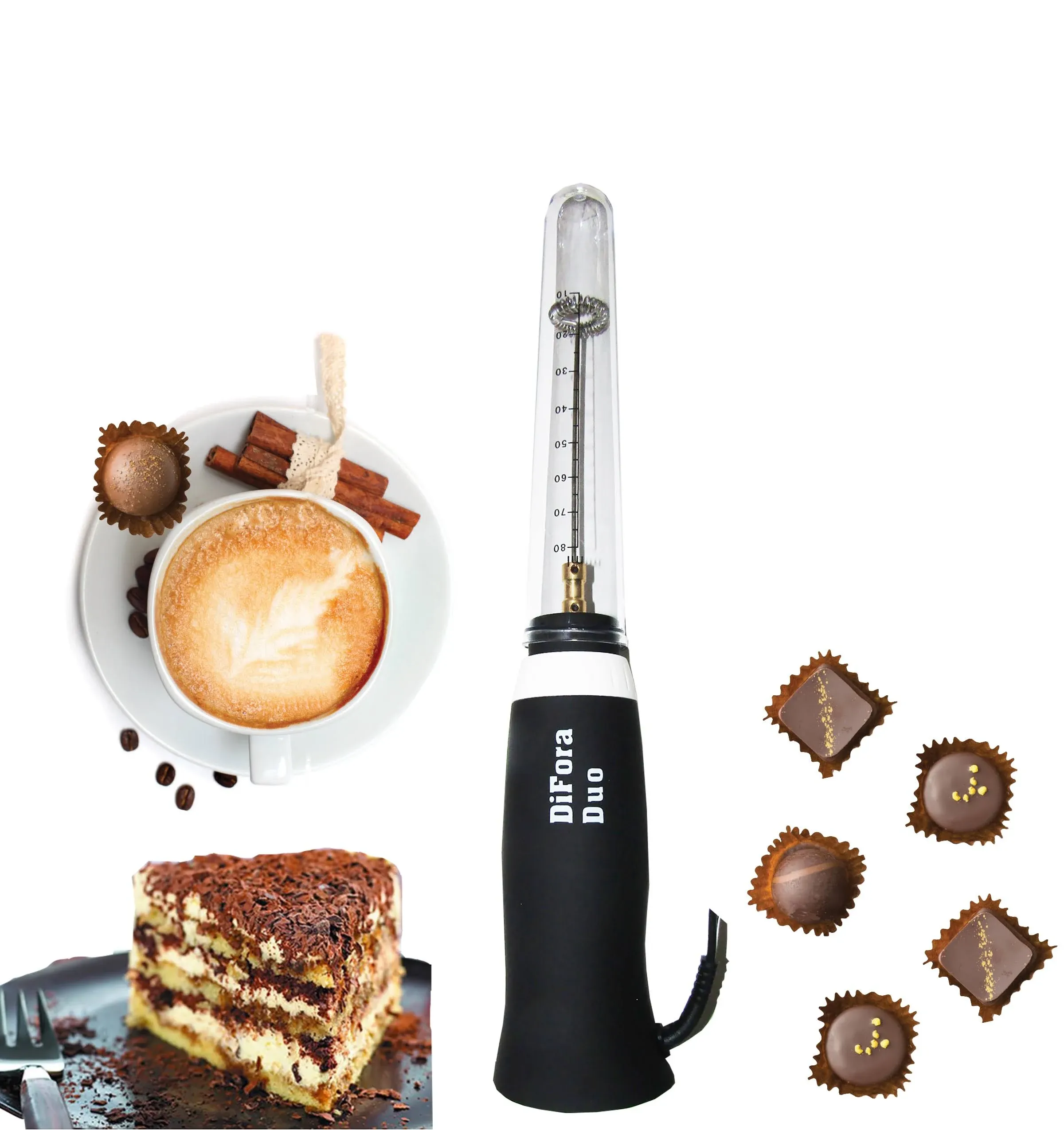 New Premium Class Difora Duo Milk Frother and Frappe Maker, Unique Variable Speed, 30W, 120V. Super Reliable Motor, Made to Stand On Counter