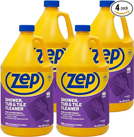 Zep Shower, Tub and Tile Cleaner - 1 Gallon (Case of 4) ZUSTT128 - No Scrub Pro Formula with Acid, Breaks Up Tough Buildup on Contact, Revealing Squeaky Clean Results