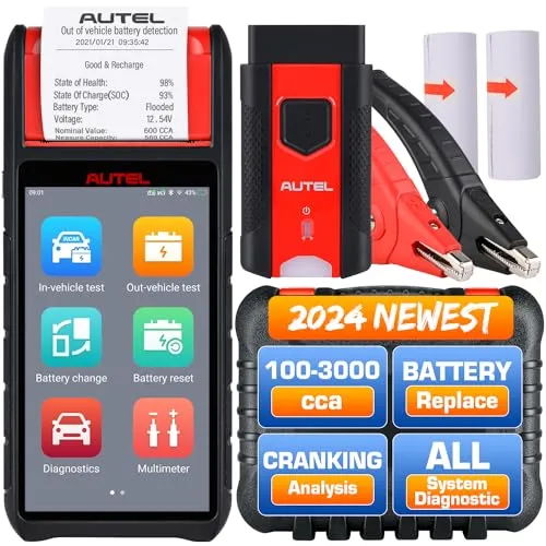 Autel Battery Tester MaxiBAS BT608 (E), Upgrade of BT508 BT506, 6-12V 100-3000CCA Battery Tester, Cranking Charging System Tester w/Printer Adaptive Conductance, All Diagnosis as MK808S MX808S