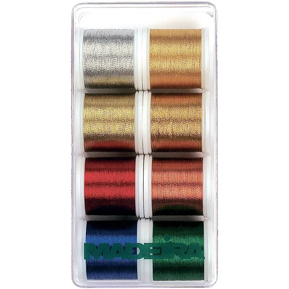 MADEIRA METALLICTHREAD 8 PACK ALUMINUM 3 GOLD COPPER GREEN BLUE &amp; RED SLIGHTUSED