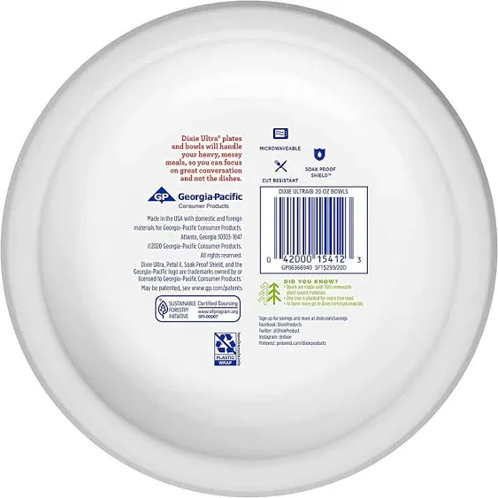 Dixie Ultra Disposable Compostable Paper Bowls, 20 Ounce, 25 Count