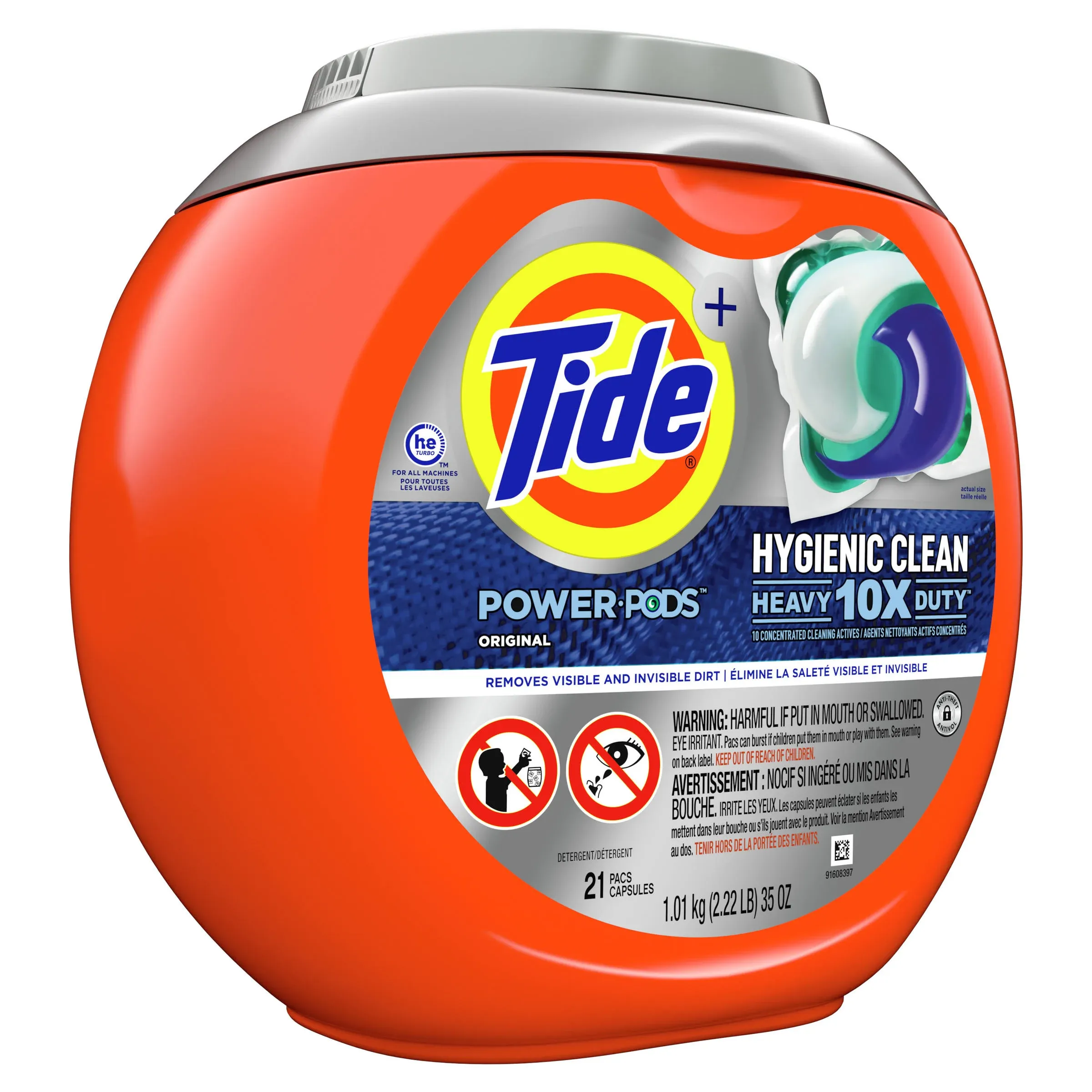 Tide + Power Pods Detergent, 10x Heavy Duty, Hygienic Clean, Original - 21 pacs, 1.01 kg