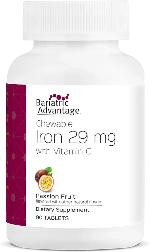 Bariatric Advantage Chewable Iron 29 mg with Vitamin C for Increased Absorption and Utilization, Easily Digestible for Gastric Bypass and Sleeve Gastrectomy Surgery Patients - Passion Fruit, 90 Count