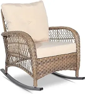 VIVIJASON Outdoor Wicker Rocking Chair, Patio Rattan Rocker Chair with Cushions & Steel Frame, All-Weather Rocking Lawn Wicker Furniture for Garden Backyard Porch (Beige)