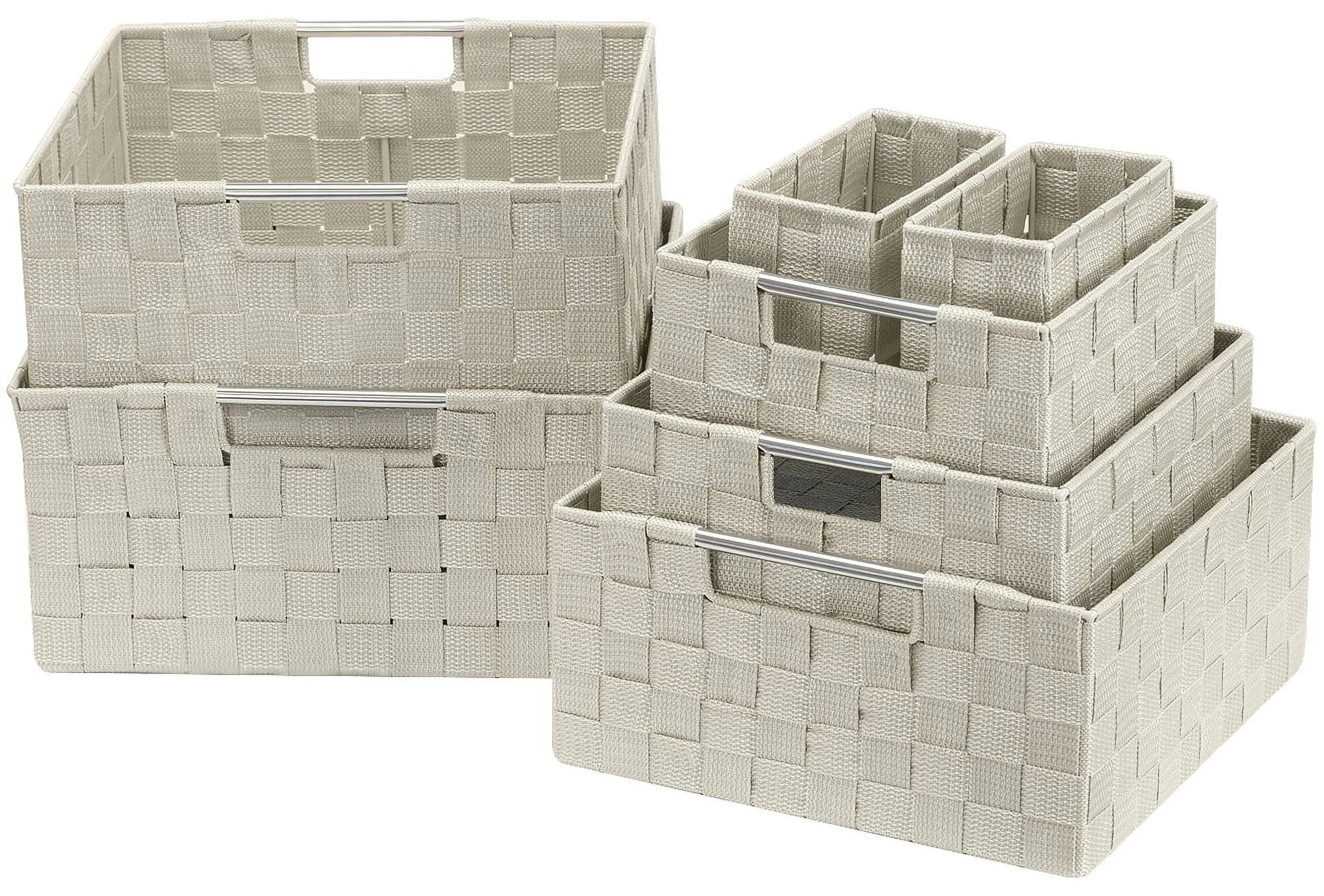 Sorbus Woven Basket Bin Set - Storage Bins, Set of 7, Bathroom, Linen Closet Organizers and Storage Solution, Grey Baskets for Organizing Household Items with Woven Straps & Built-in Carry HandlesSorbus Woven Basket Bin Set - Storage Bins, Set of 7, Bath