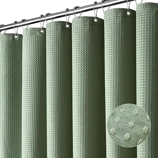 Dynamene Extra Long Shower Curtain,96 Inch Long Waffle Weave Heavy Duty Thick Fabric Bathroom Shower Curtain, Heavy Duty Weighted Hotel Bath Curtain Set with 12 Plastic Hooks,72x96,Sage Green