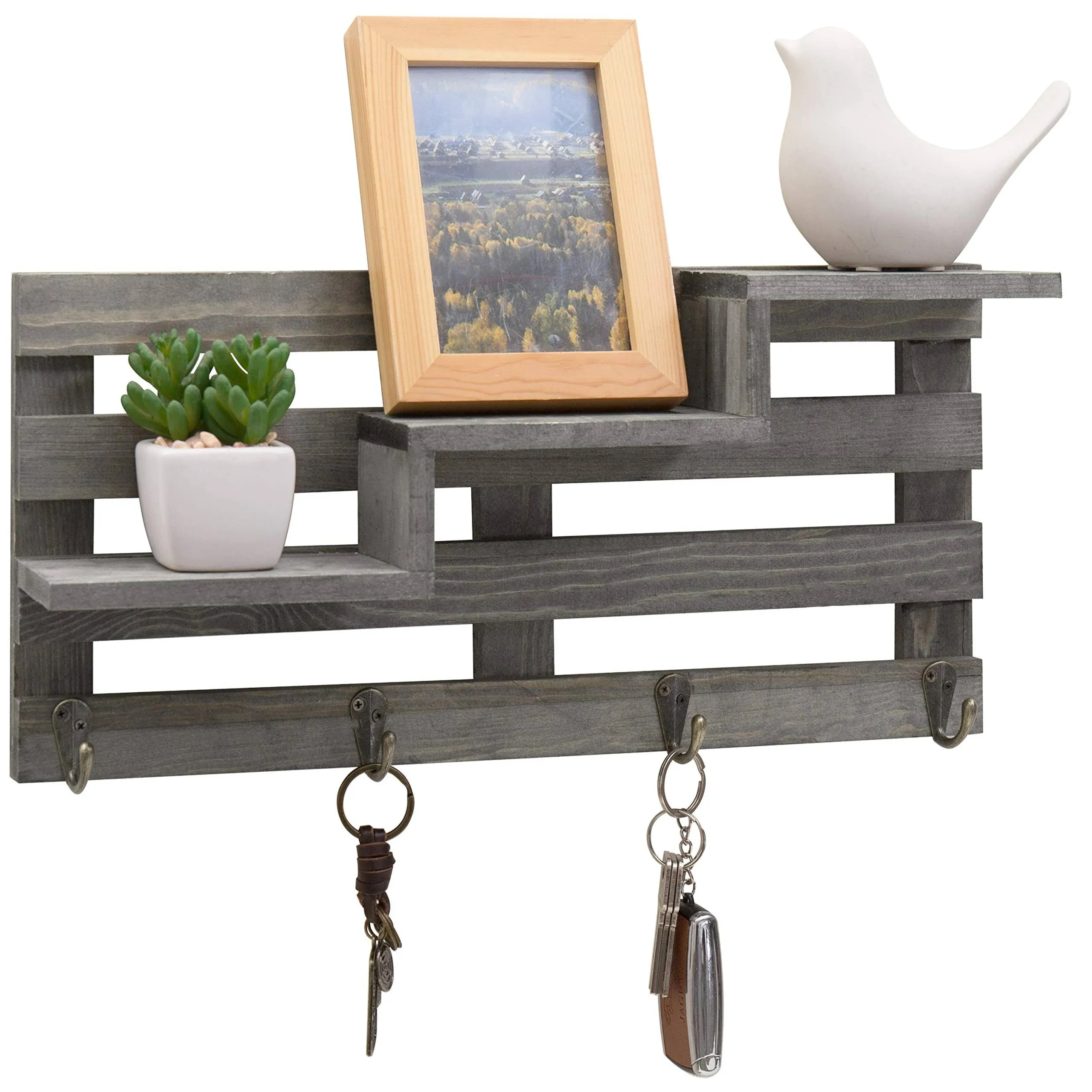 MyGift Wall Mounted Vintage Gray Wood Entryway Key Holder Rack Medium, Grey 