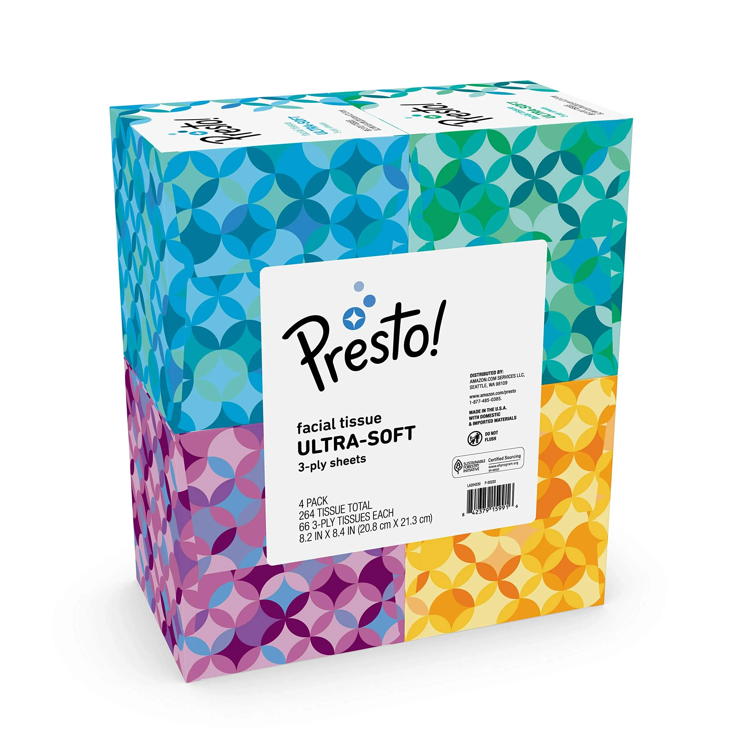 Presto! Ultra-Soft 3-Ply Premium Facial Tissues, 66 Tissues/Box, 4 Cube Boxes