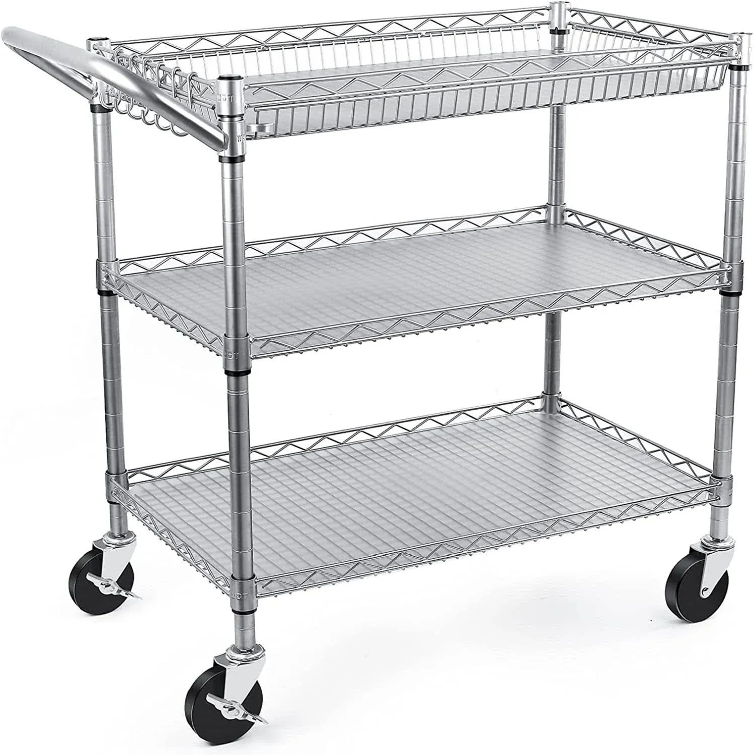 WDT Heavy Duty 3 Tier Utility Cart,990Lbs Capacity Wire Rolling Cart with Wheels, Commercial Grade Service Cart with Shelving Liners and Handle Bar