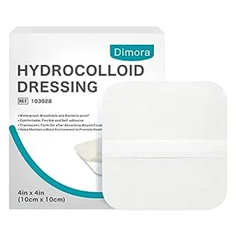 Dimora Hydrocolloid Dressing 4" x 4" for Wound Care, 10 Pack Large Patch Bandages