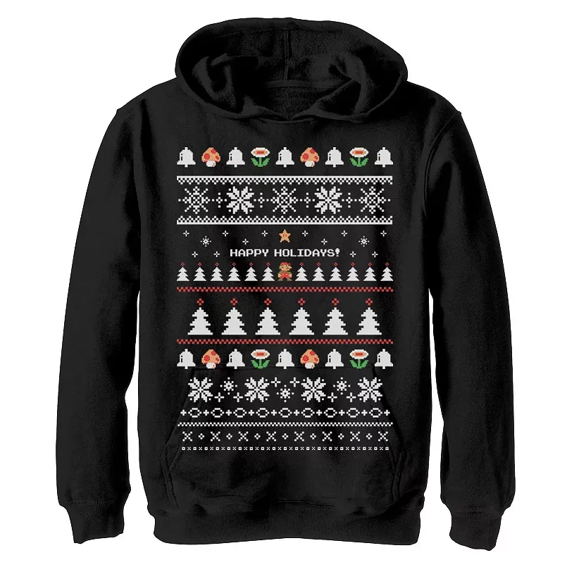 Boys 8-20 Nintendo Super Mario Happy Holidays Pixels Graphic Hoodie