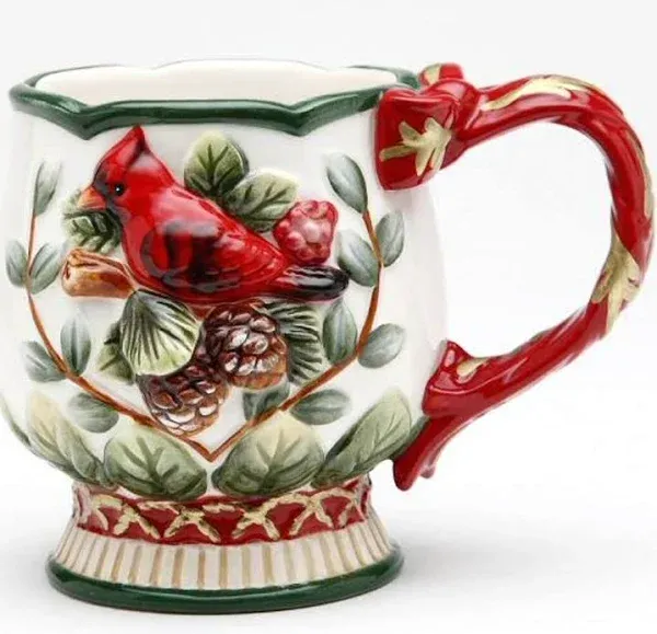 Evergreen Holiday Porcelain Mugs with Cardinal & Pine Cones, Set of 4