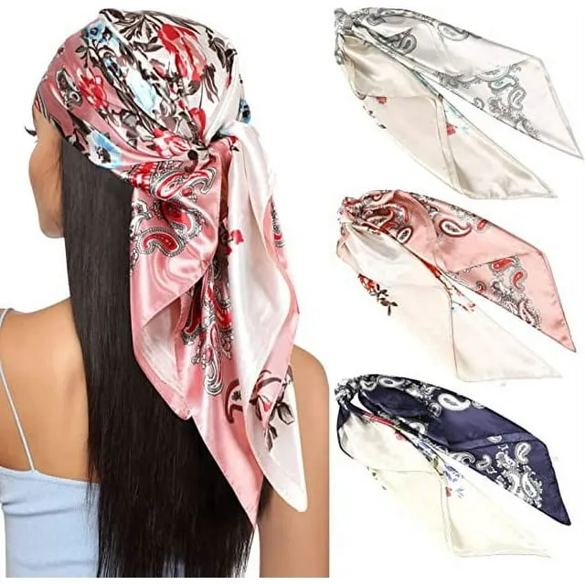 AWAYTR 35” Large Square Satin Head Scarf - 3Pcs Satin Hair Scarves Silk Bandana 