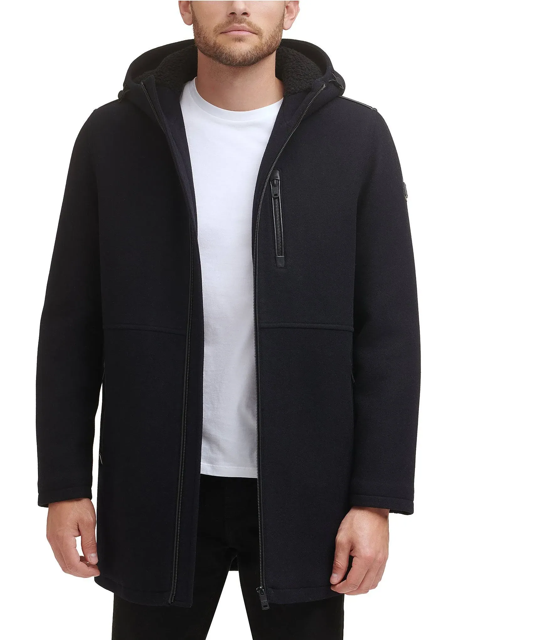 Faux Shearling Hooded Wool Blend Coat