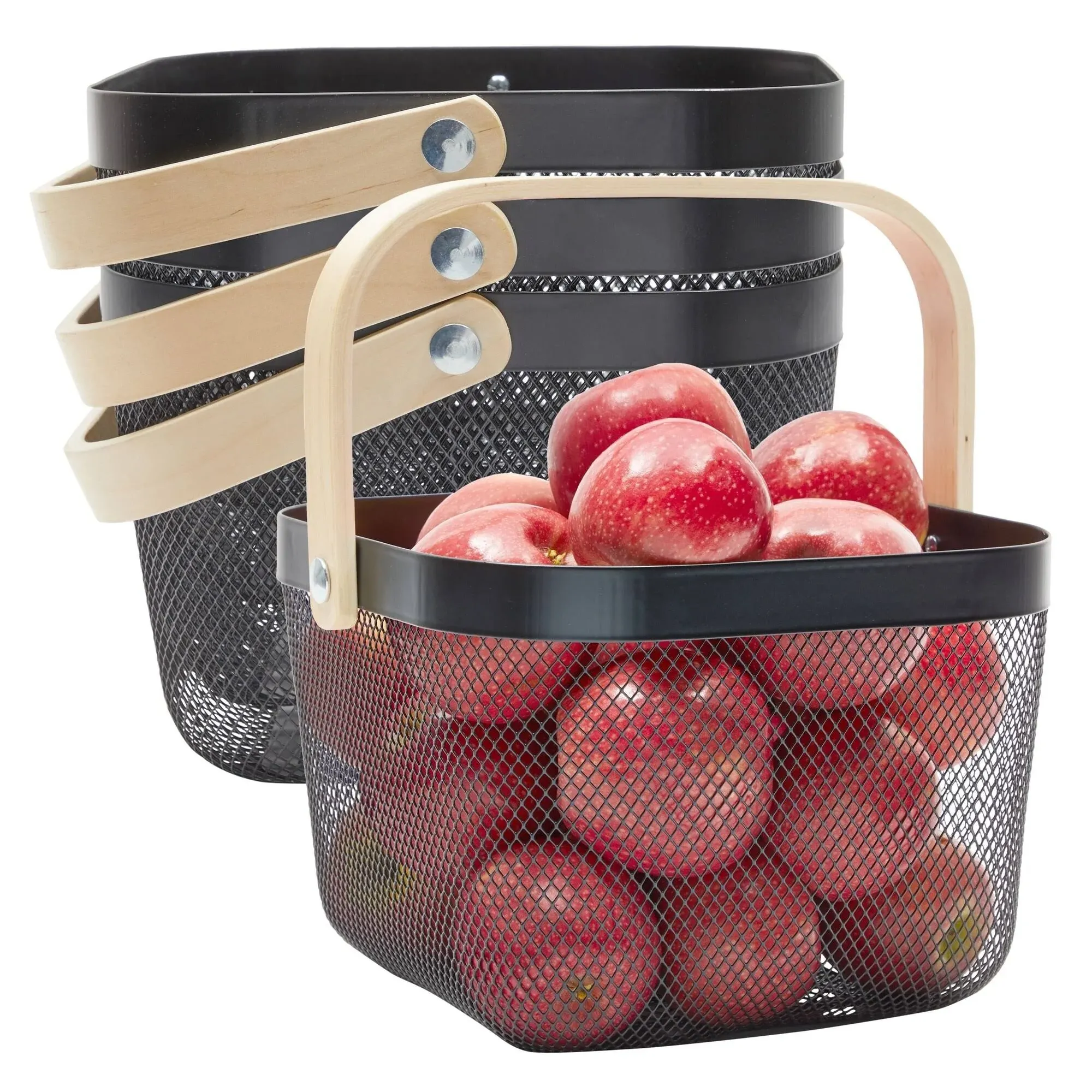 Juvale 4 Pack Square Mesh Fruit Basket with Wooden Handle for Kitchen Storage Organization (Black, 9.4 x 6.9 in)