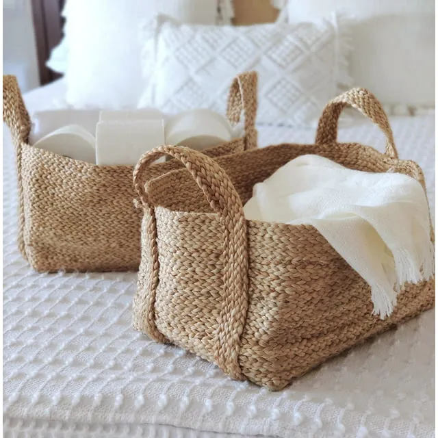 Goobloo Handmade Woven Basket 100% Jute - 10 x 7 - Set of 2- Storage Basket for Living Room, Toys, Storage, Towels or Nursery - Wicker Baskets with Ha