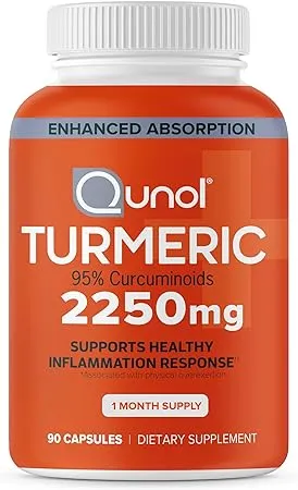 Qunol Turmeric Curcumin with Black Pepper, 2250mg Turmeric Extract with 95% Curcuminoids, Extra Strength Turmeric Supplement, Enhanced Absorption, Joint Support Supplement, 90 Vegetarian Capsules