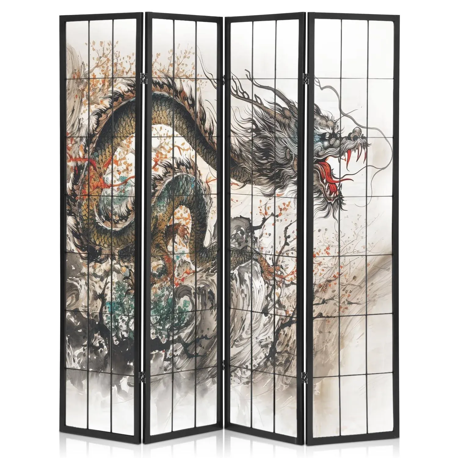 MoNiBloom 4-Panel Shoji Screen Room Divider, 5.9 ft Wood Dragon Pattern Room ...