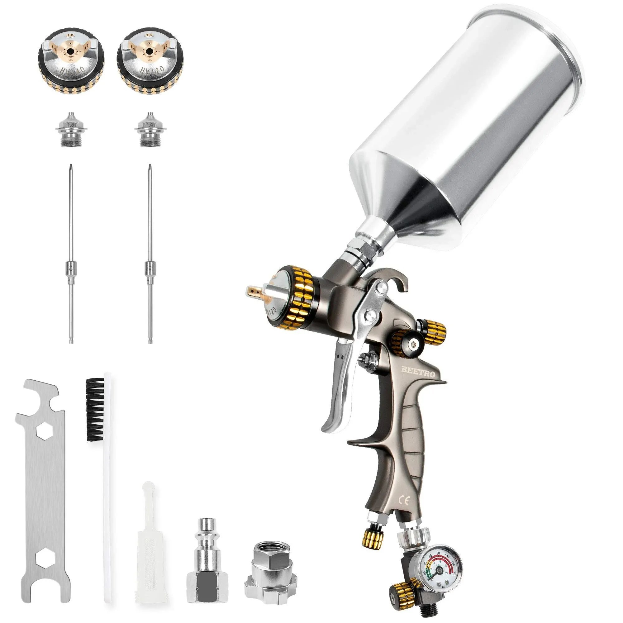 HVLP Air Spray Gun 1000ml Capacity 14.5CFM 30-43psi 1.4mm/1.8mm Nozzles Steel