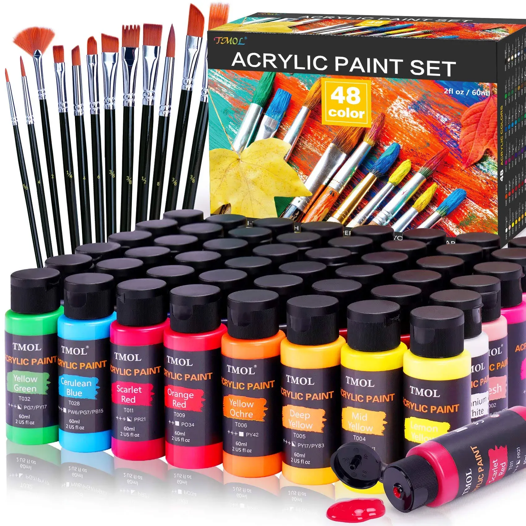 Acrylic Paint Set, 48 Colors (2 oz/Bottle) with 12 Art Brushes, Art Supplies for ...