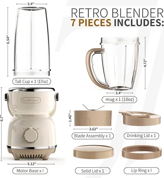 La Reveuse Personal Size Blender 300 Watts for Shakes Smoothies Seasonings Sauces with 17 oz Cup / 10 oz Mug,Retro Style