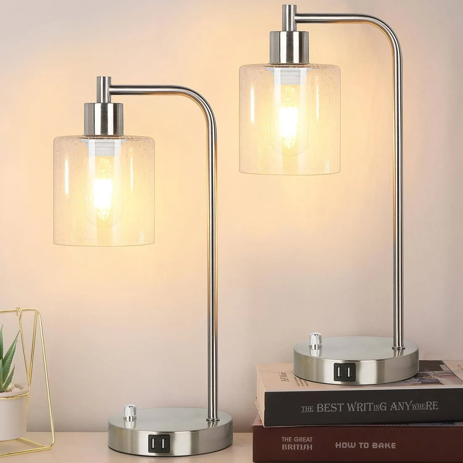 【Upgraded】Set of 2 Industrial Table Lamps with 2 USB Port, Fully Stepless ...