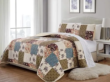 MK Home MK 3PC King/California King Home Bedspread Quilted Print Floral Beige ...