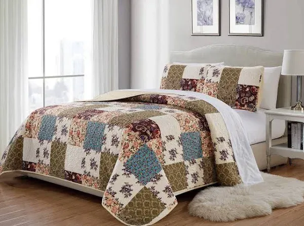 Mk Home Mk 3PC King/California King Home Bedspread Quilted Print Floral Beige ...