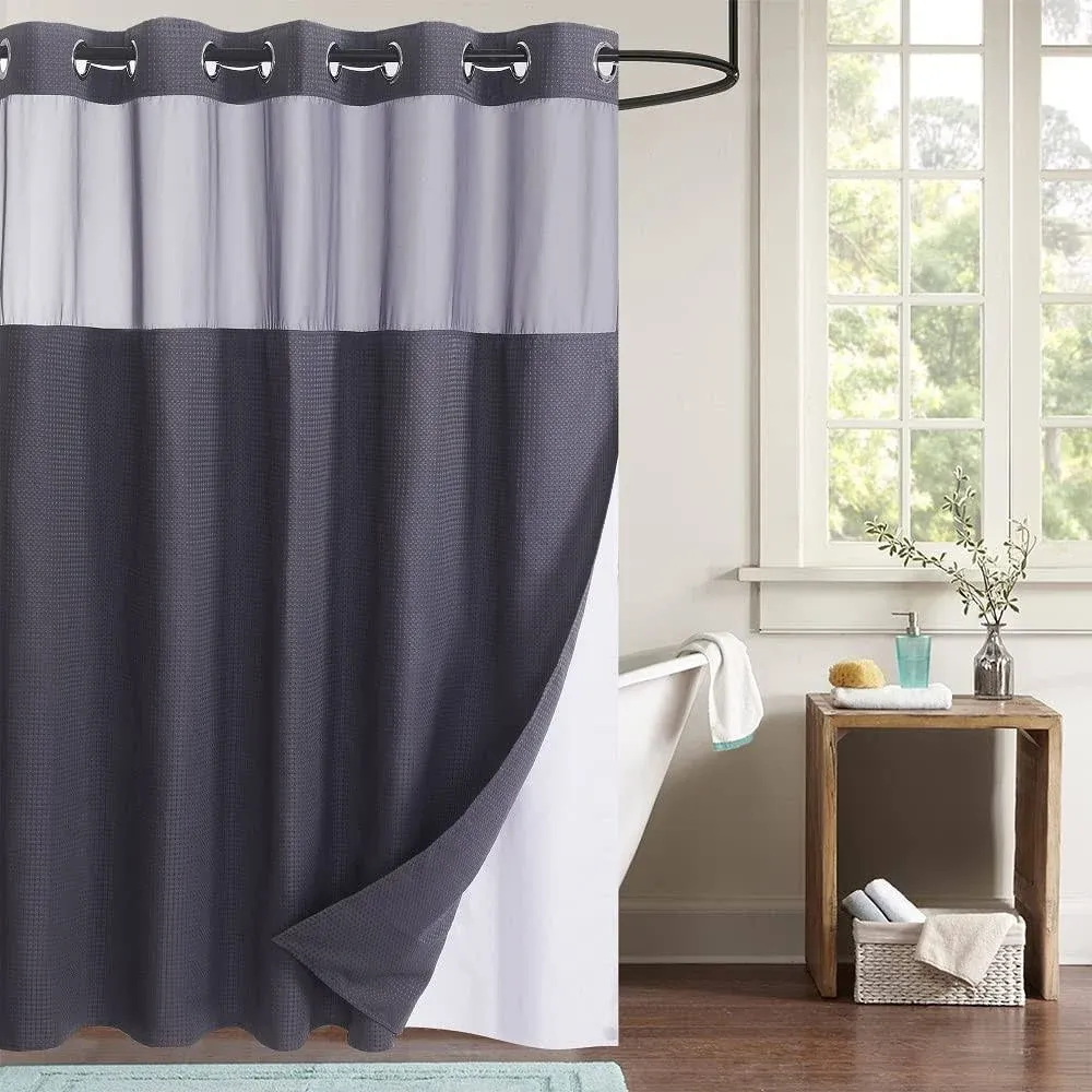 WPM No Hooks Required Shower Curtain with Snap-in Liner Waffle Weave Design, Hotel Grade Style Waterproof & Washable, Mesh top Window Easy Snaphook Bathroom Gray Curtains (72"x86" W/Liner, Grey)