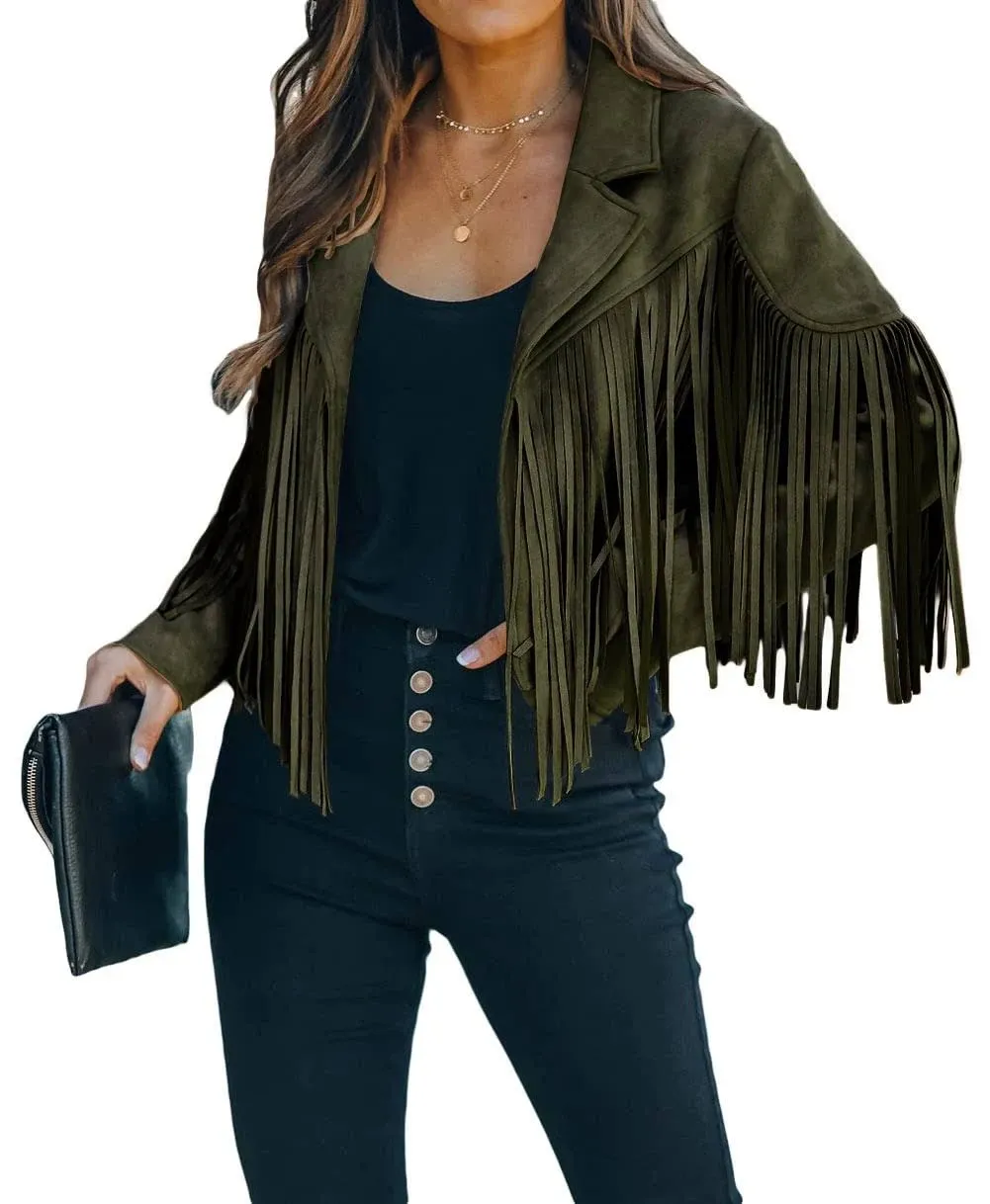 CHARTOU Casual Faux Leather Jacket Women Motorcycle Jacket Fringe Cropped Jacket Utility Tassel Suede Moto Jacket