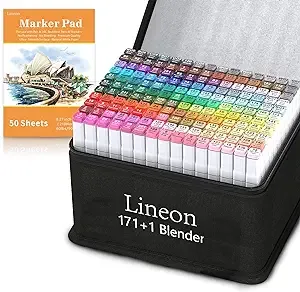 Lineon 172 Colors Alcohol Based Dual Tip Art ,171+1 Blender Permanent Marker Pens Plus 1 Marker Pad 1 Case Perfect for Kids Adult Artist Coloring Books Drawing Sketching and Card Making