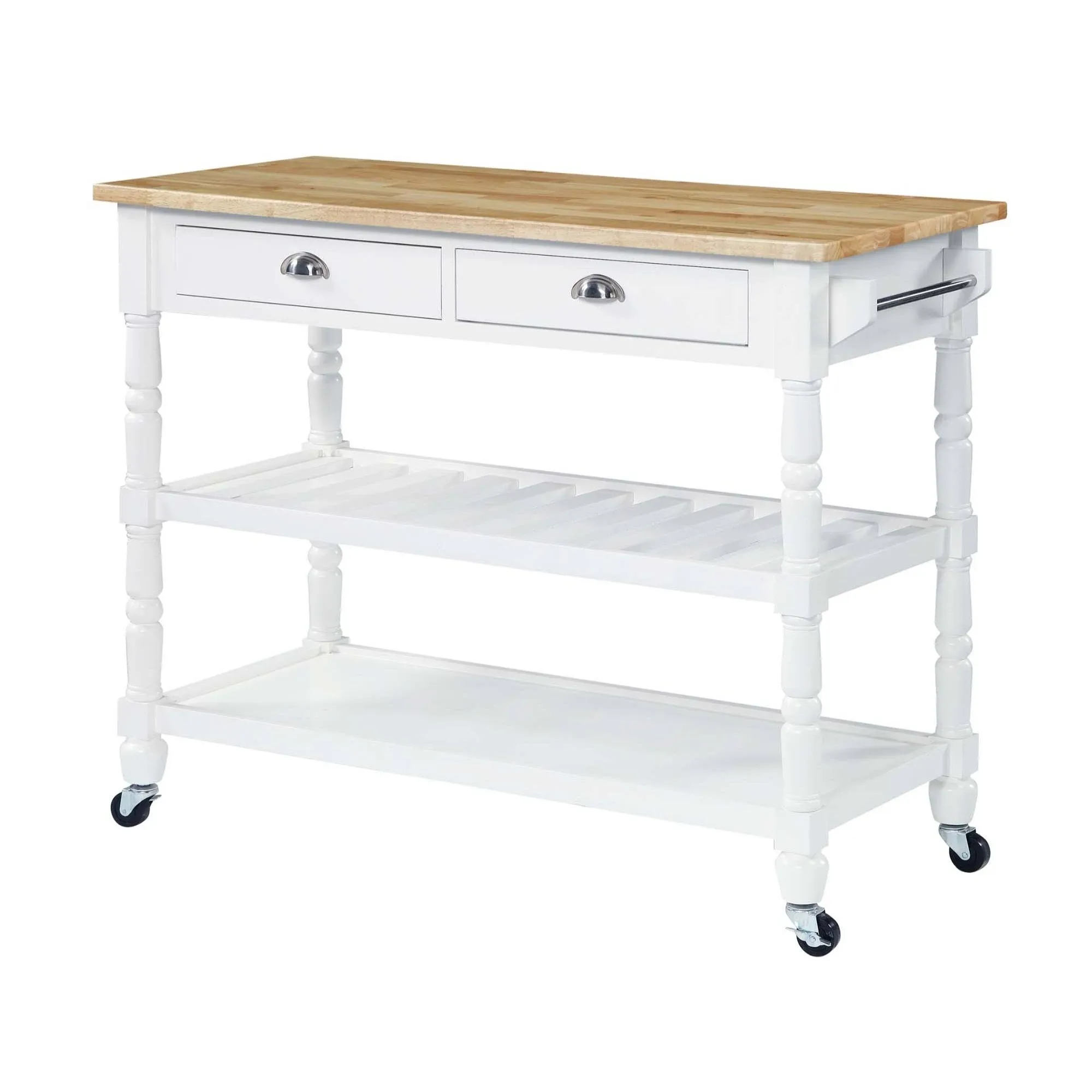 French Country 3 Tier Butcher Block Kitchen Cart with Drawers, Butcher Block/Black